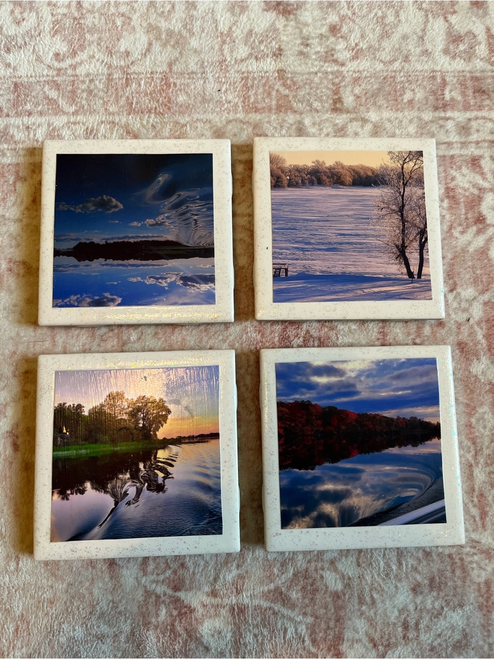 Ceramic Lake and Nature Photo Tile Coasters - White Speckled (Set of 4)